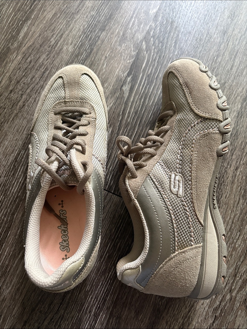 Y2K Skechers Slim Taupe Mesh & Suede Lace-Up Sneakers